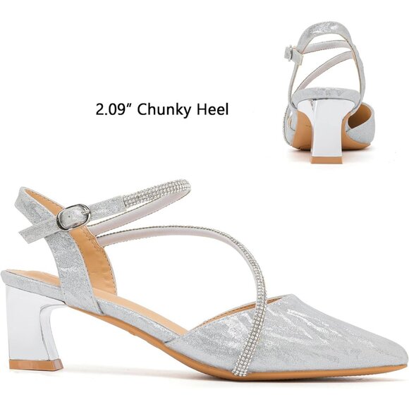 Dadawen Women's Champagne Closed Pointed Toe Low Chunky Heels Pumps Ankle Strap - Picture 4 of 7